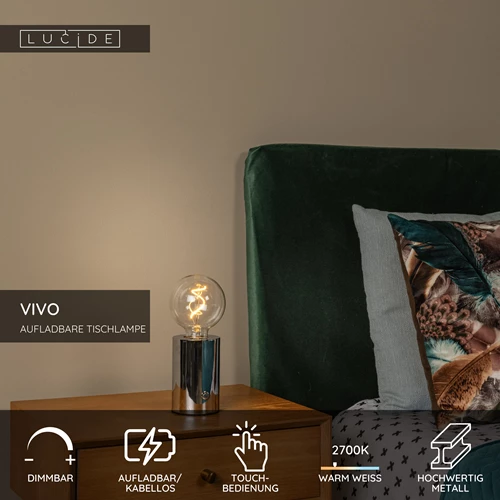 Lucide VIVO - wiederaufladbare Tischlampe - Akku/Batterie - Ø 8 cm - LED Dim. - E27 - 1x1W 2700K - Chrom - USP